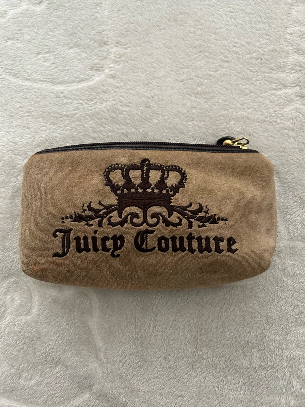 Vintage Juicy Couture Tan Suede Embroidered Logo Zip Pouch
